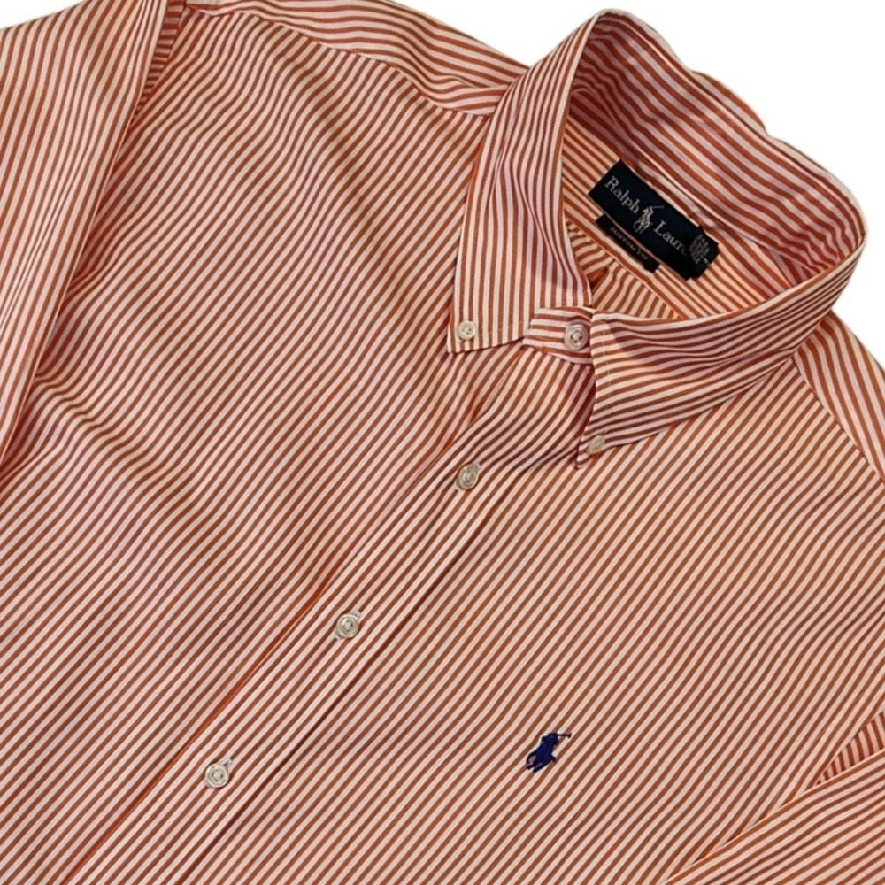 Ralph Lauren Mens XL Custom Fit Orange White Striped Button Down Shirt Pony Logo
